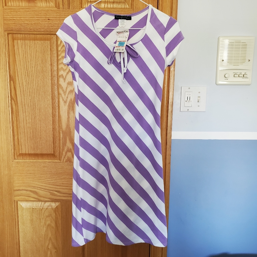 Lavender and White Striped Short Sleeve Dress